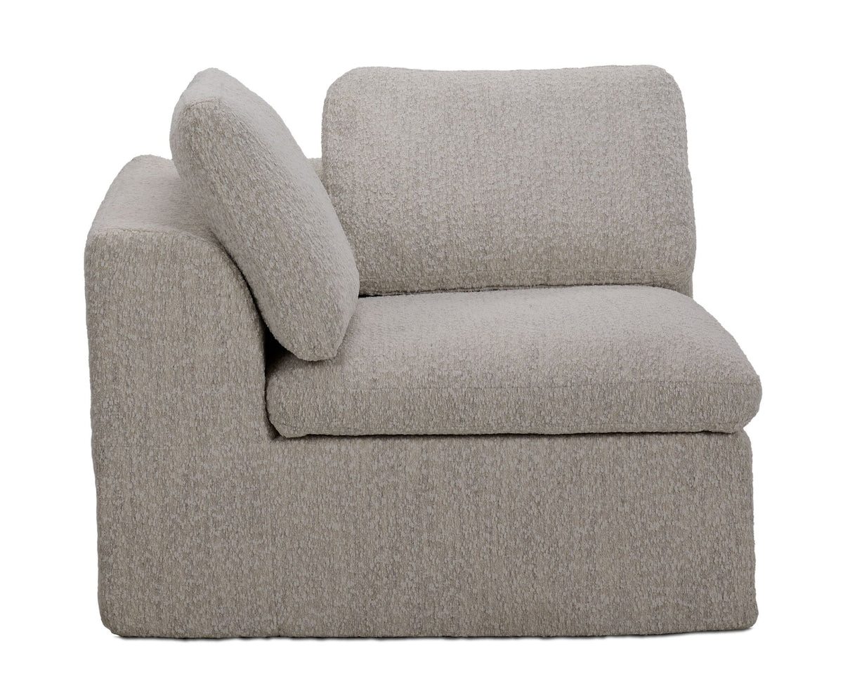 Corner piece of the Bliss beige modular sofa arm section with polyester upholstery and foam cushion