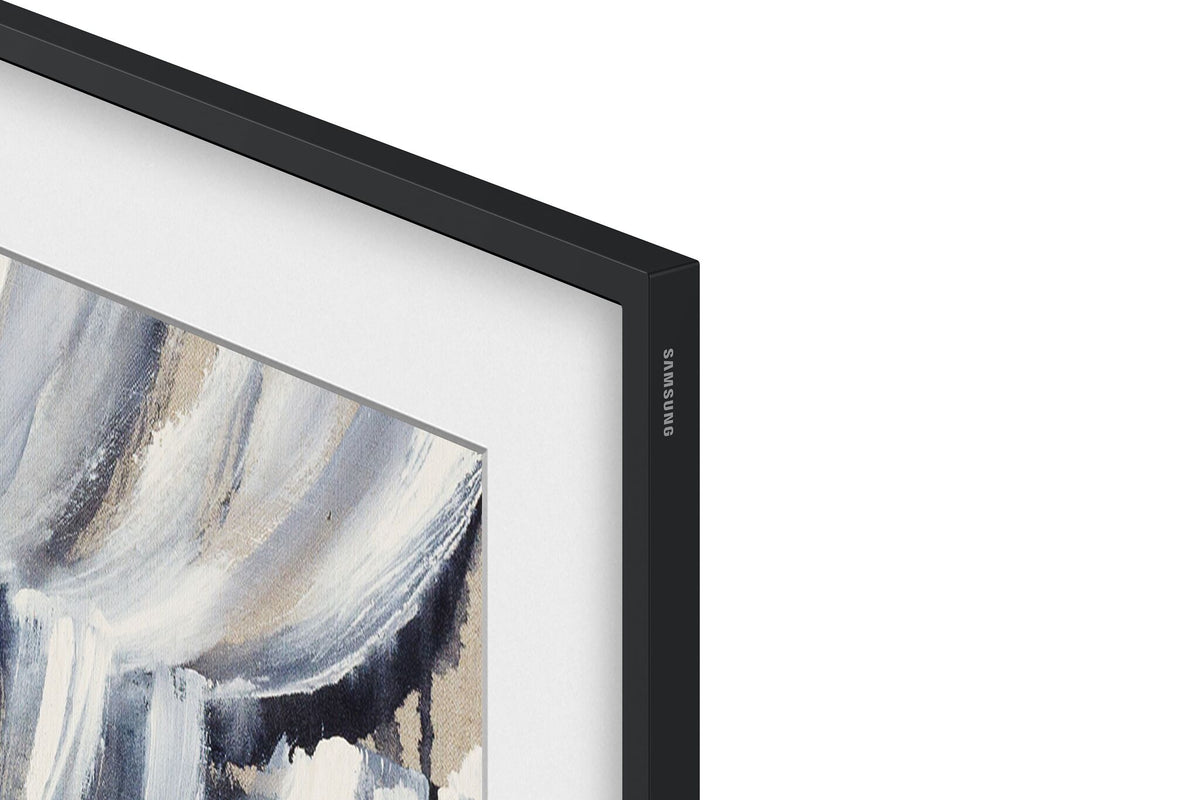 Close-up of Samsung 65-inch The Frame LS03HE Smart TV showing the slim black bezel, Samsung logo and white mat-style Art Mode display