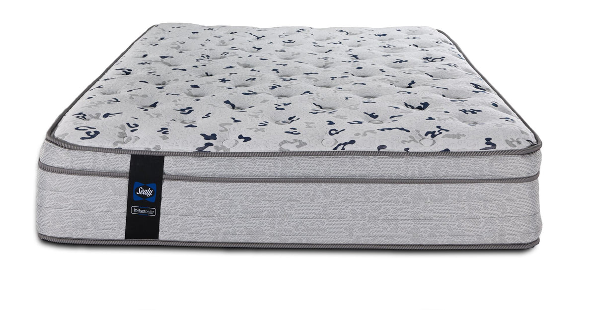 Front view of the Queen mattress showing patterned sleep surface, dark piping and Sealy label