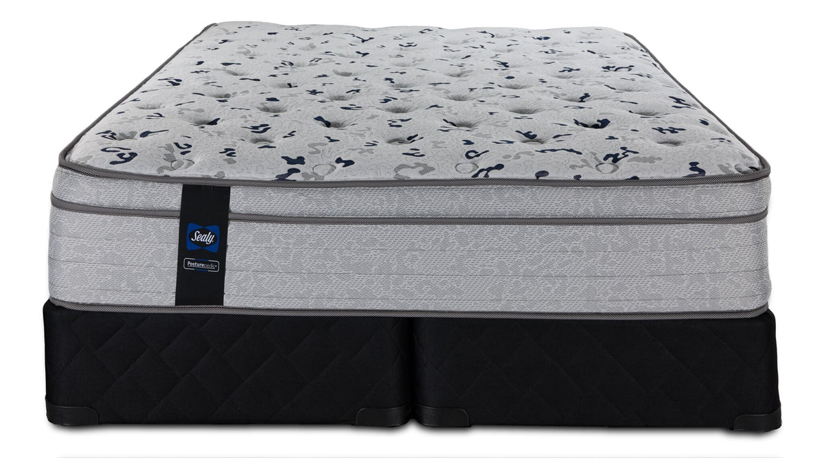 Front view of the Queen mattress and split foundations with textured sides and Sealy branding