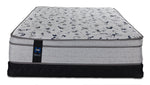 Front view of the Full mattress and low-profile boxspring with patterned sides and Sealy branding