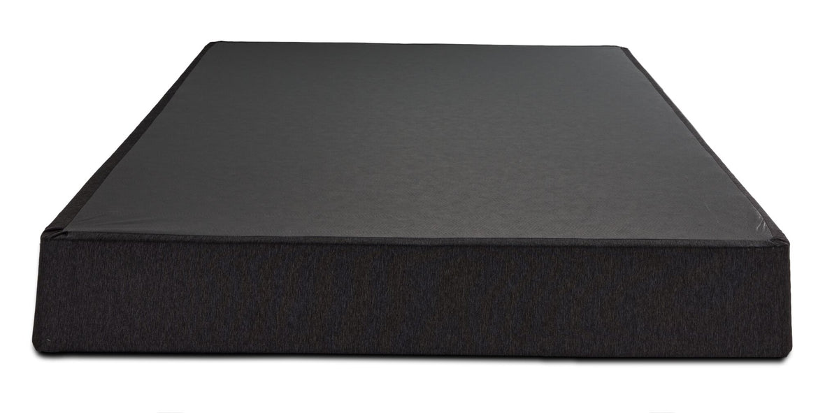 Front view of the Queen boxspring showing its standard-height profile and dark upholstery