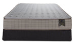 Front view of the Twin XL mattress and boxspring with beige patterned sides and Origins label