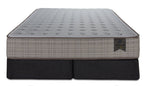 Front view of the Queen mattress with two split boxsprings, beige patterned sides and Origins label
