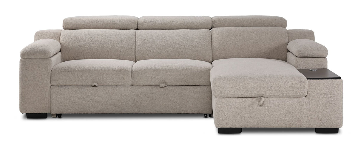 Front view of Slayden left-facing taupe polyester sectional with chaise and built-in side table