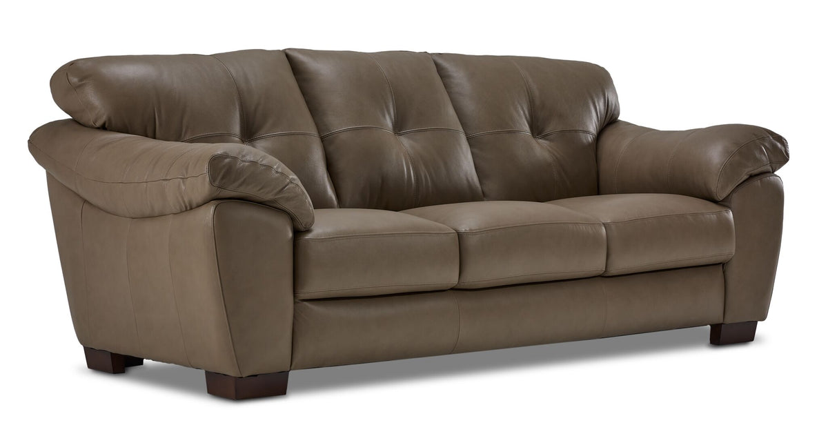 Sloan II chocolate leather sofa with wide cushioned arms, three back cushions and angled front view