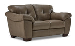 Sloan II chocolate leather loveseat with wide cushioned arms, two back cushions and angled front view
