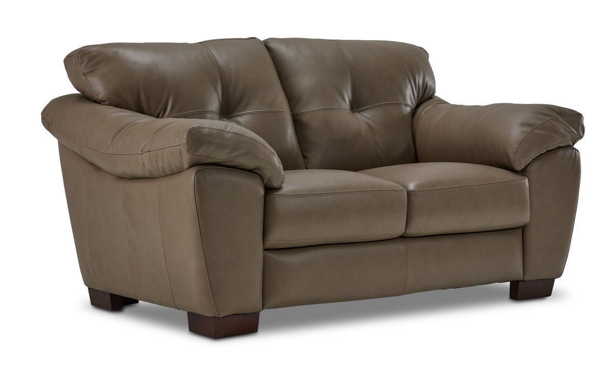 Sloan II chocolate leather loveseat with wide cushioned arms, two back cushions and angled front view