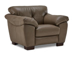 Sloan II chocolate leather chair with wide cushioned arms, single back cushion and angled front view
