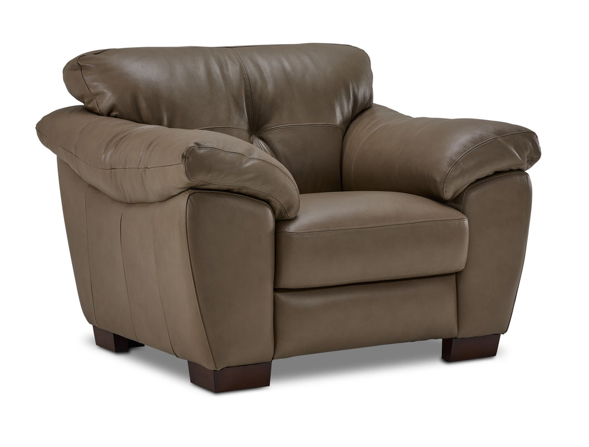 Sloan II chocolate leather chair with wide cushioned arms, single back cushion and angled front view