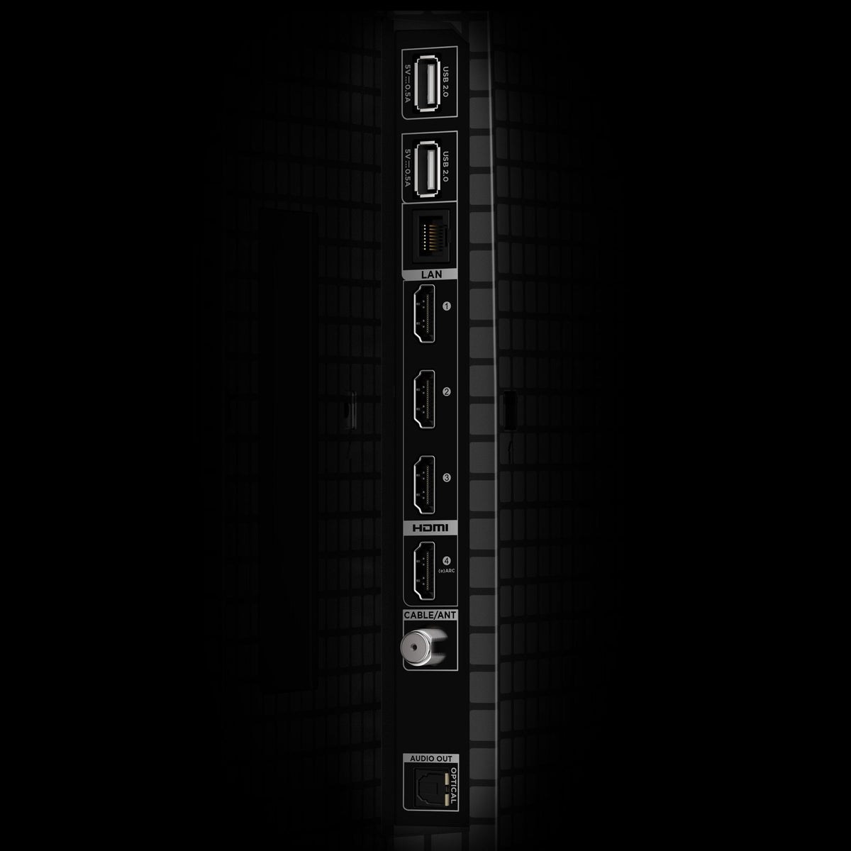 Close-up of rear connection panel showing HDMI, USB, LAN, and optical ports