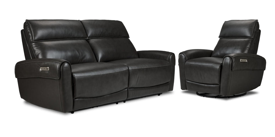 Theo Leather Dual Power Reclining Sofa and Rocker Recliner Set - Charcoal with padded headrests, curved arms and power controls