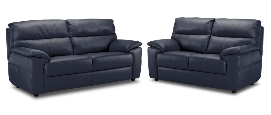 Toscana Leather Sofa and Loveseat Set - Navy Blue