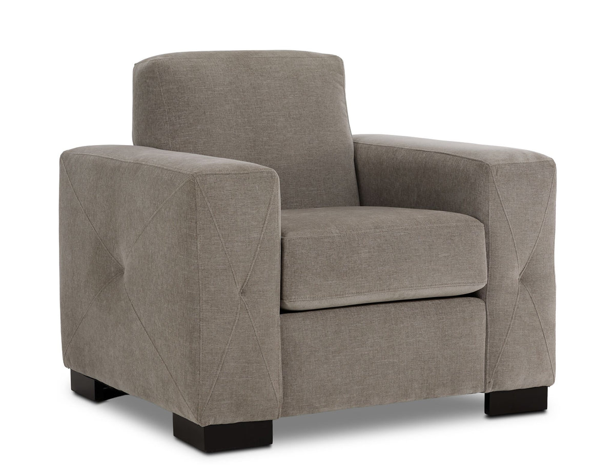 Valetta Chair - Wheat angled view with single seat cushion, wide track arms, dark block feet and stitched arm details