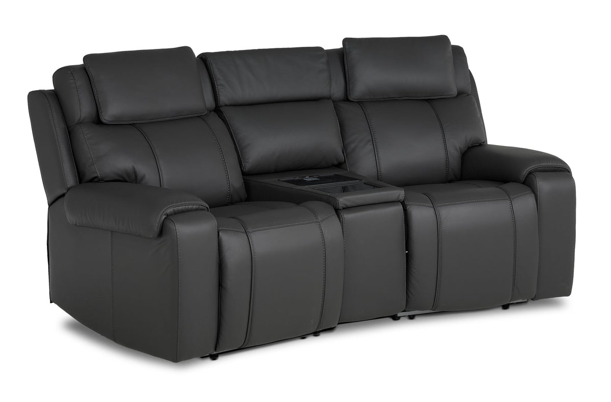 Velocity 3-Piece Leather Power Reclining Home Theatre Seating - Dark Grey with two seats, wedge console and padded headrests
