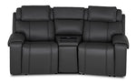 Velocity dark grey 3-piece home theatre seating front view with two recliner seats and centre wedge console