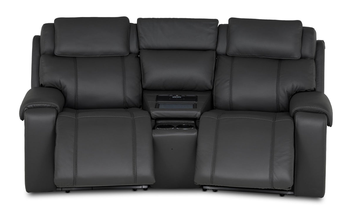 Velocity dark grey home theatre seating front view with both power footrests extended and dual cupholders