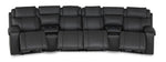 Velocity dark grey home theatre seating front view with four extended footrests and two integrated wedge consoles