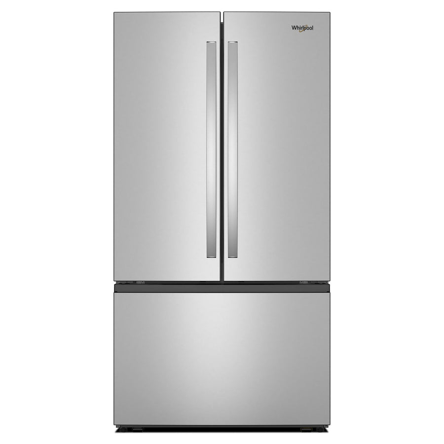Whirlpool fingerprint resistant stainless steel French door refrigerator shown from the front