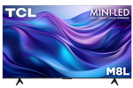 TCL 65-inch M8L Series 4K UHD HDR Mini-LED Smart TV with Google TV shown from the front with colourful abstract graphics on screen
