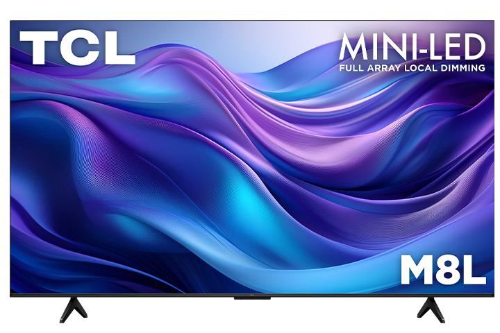 TCL 65-inch M8L Series 4K UHD HDR Mini-LED Smart TV with Google TV shown from the front with colourful abstract graphics on screen