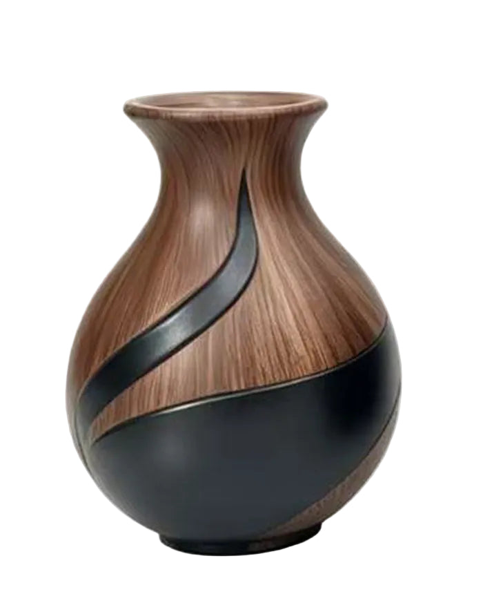 The Great Indoors Small Decorative Vase with rounded brown wood-look body and curved black accent design