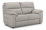 Matching two-seat grey leather loveseat with stitched backs and cushioned arms