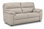 Light grey leather sofa with two deep seats, high back cushions and wide armrests