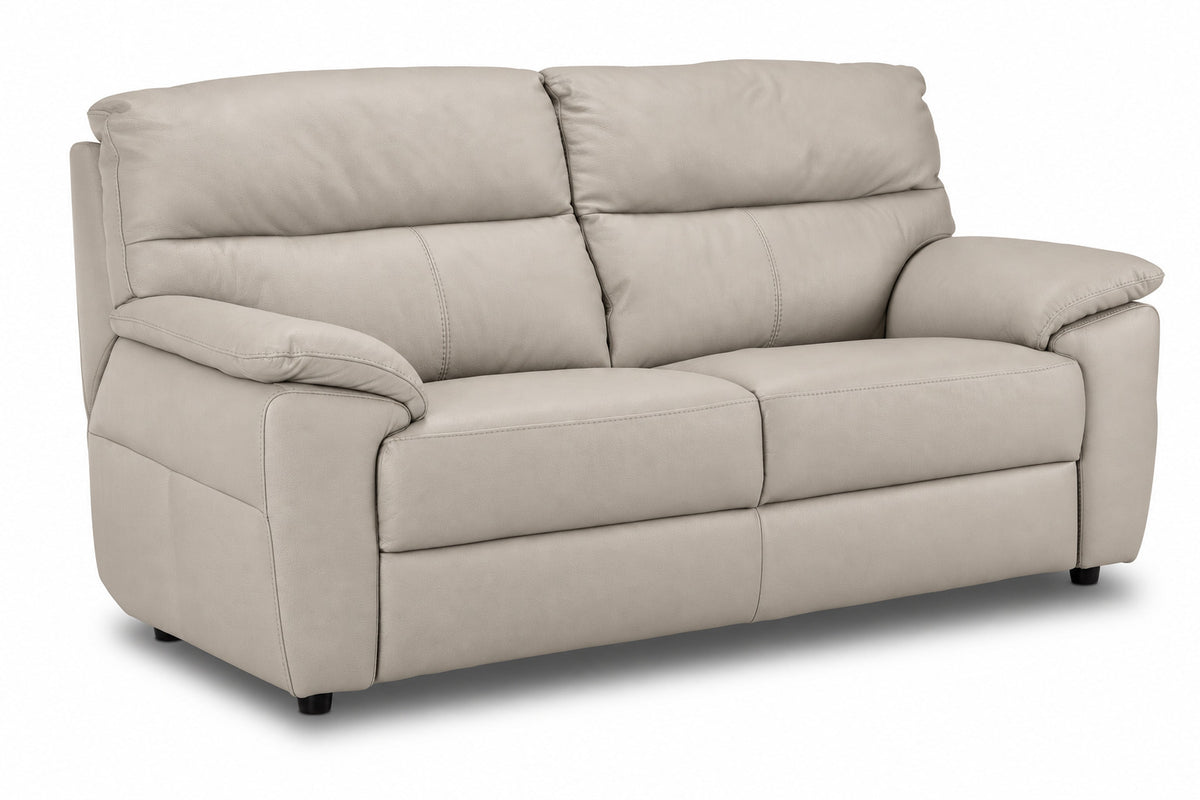 Light grey leather sofa with two deep seats, high back cushions and wide armrests