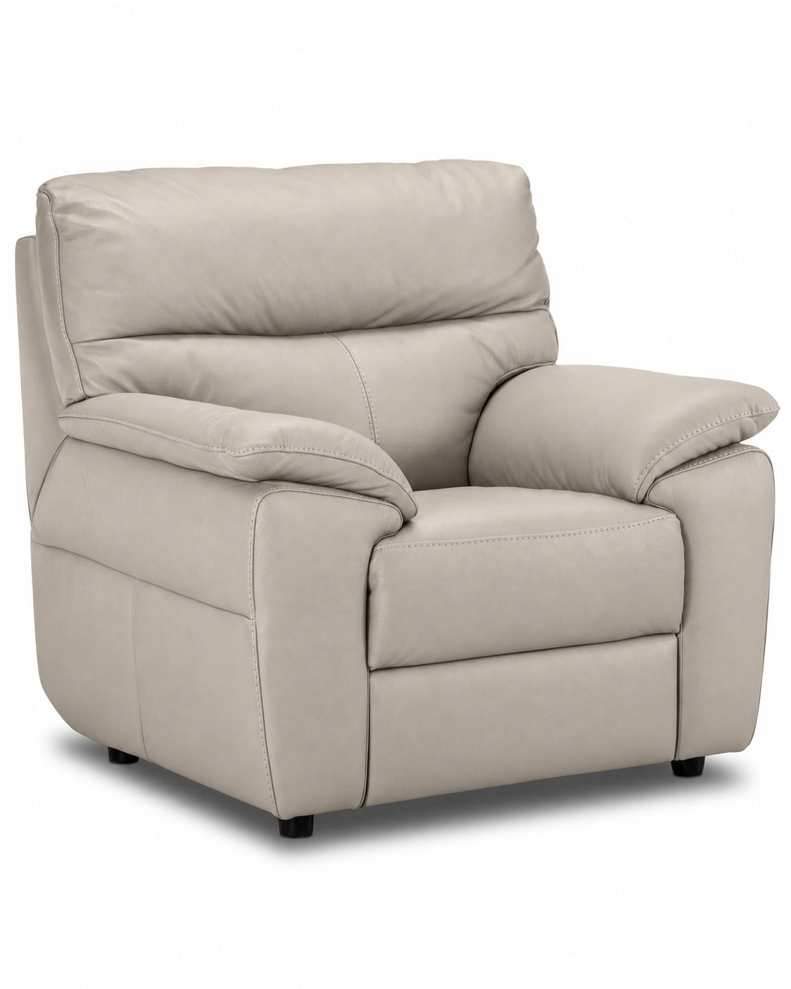 Coordinating light grey leather chair with deep seat, high back and cushioned arms