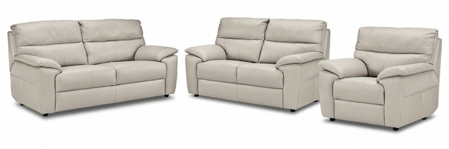 Toscana light grey leather sofa, loveseat and chair set with plush cushions and padded arms