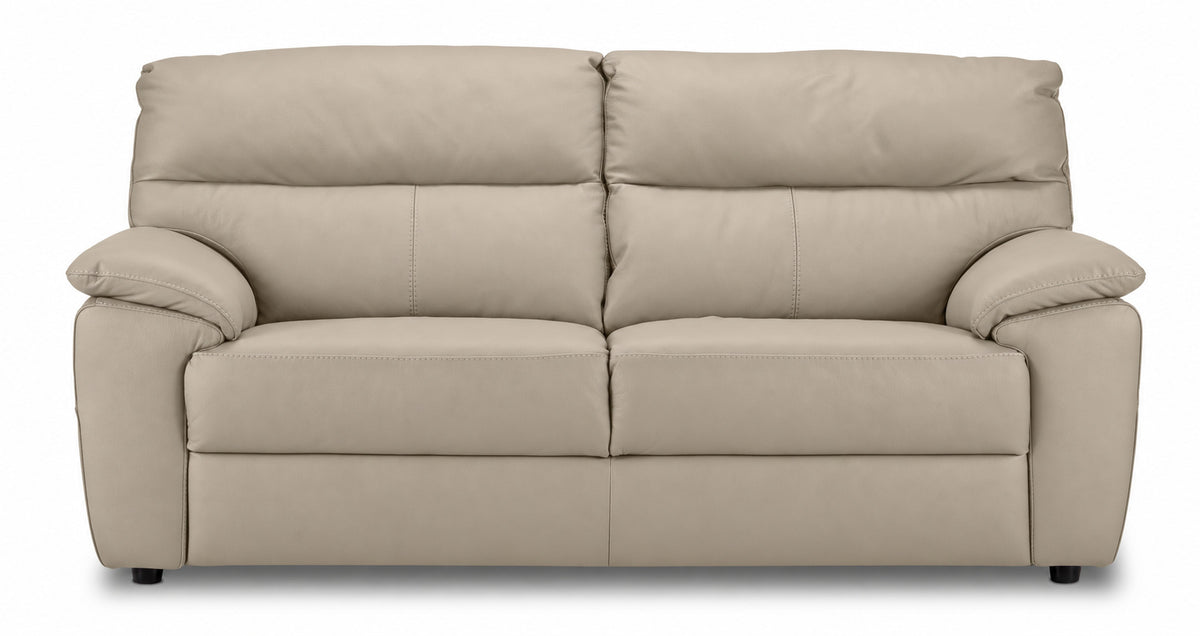 Front view of the tan leather sofa showing stitched cushions, padded arms and black feet