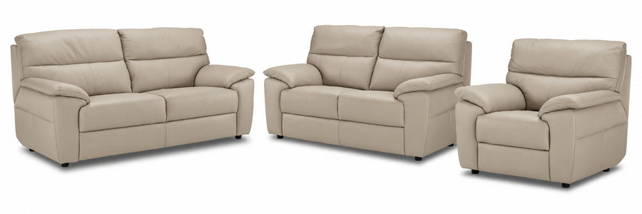 Toscana tan leather sofa, loveseat and chair set with cushioned backs and padded arms