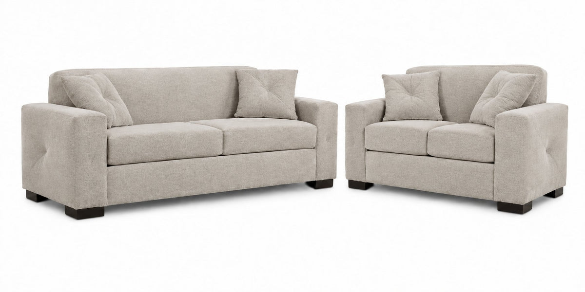 Valetta Sofa and Loveseat Set - Ivory with wide track arms, dark block feet and matching accent pillows