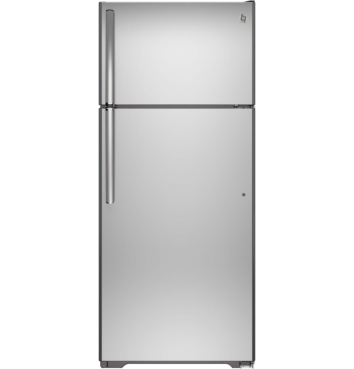 GE stainless steel top-freezer refrigerator shown from the front with colour-matched handles