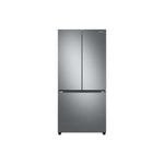 Samsung stainless steel French door refrigerator shown from the front with flat doors and recessed handles