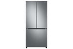 Samsung stainless steel French door refrigerator shown from the front with flat doors and recessed handles