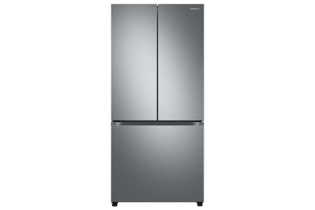 Samsung stainless steel French door refrigerator shown from the front with flat doors and recessed handles