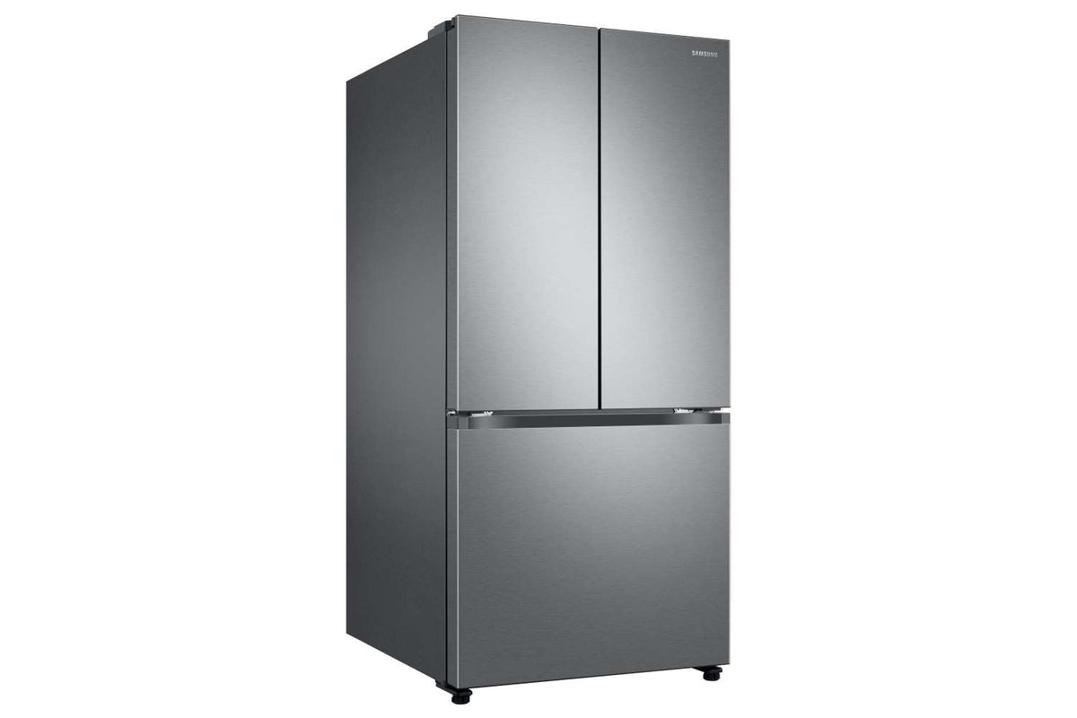 Samsung 33-inch French door refrigerator shown from a left-side angled perspective
