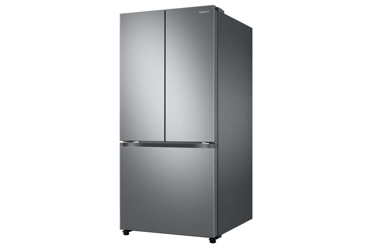 Samsung stainless steel French door refrigerator shown from a right-side angled perspective