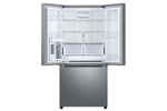 Open Samsung French door refrigerator showing empty shelves, door bins and bottom freezer drawer