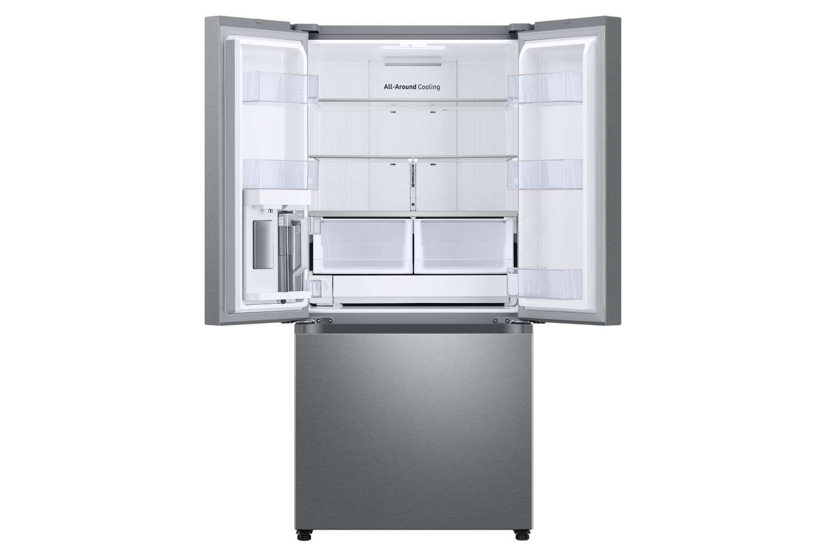 Open Samsung French door refrigerator showing empty shelves, door bins and bottom freezer drawer