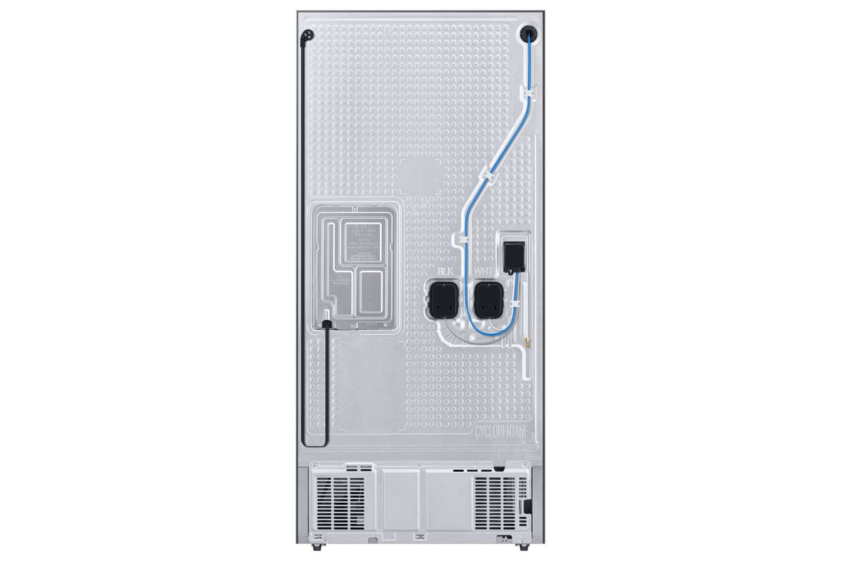 Rear view of Samsung French door refrigerator showing back panel, vents and power connection
