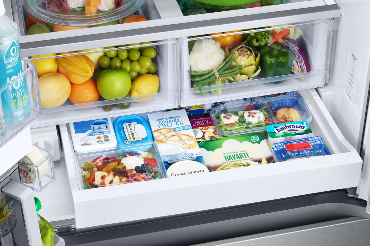 Samsung refrigerator pantry drawer for wide items, snacks and organized fresh food storage