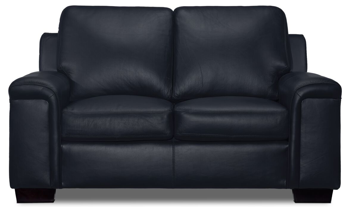 Icon Leather Loveseat - Navy front view with two seat cushions, attached back cushions and padded arms