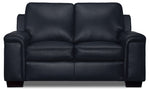 Icon Leather Loveseat - Navy front view with two seat cushions, attached back cushions and padded arms