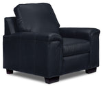 Icon Leather Sofa and Chair Set - Navy featuring the matching chair in an angled view