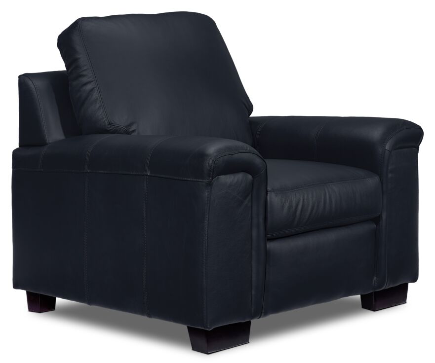 Icon Leather Sofa and Chair Set - Navy featuring the matching chair in an angled view