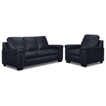 Icon Leather Sofa and Chair Set - Navy with matching three-seat sofa and chair arranged together
