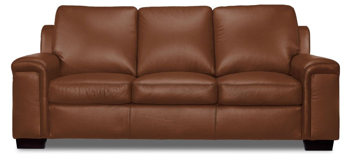 Icon Leather Sofa - Saddle front view with three seat cushions, padded back cushions and rolled arms